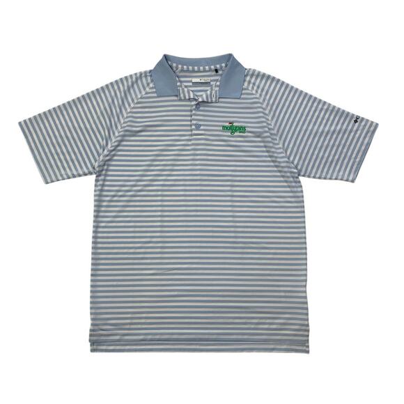 Columbia Polo Shirt Mens Medium White Baby Blue Stripe Omni Wick Mulligans Golf - Picture 1 of 12